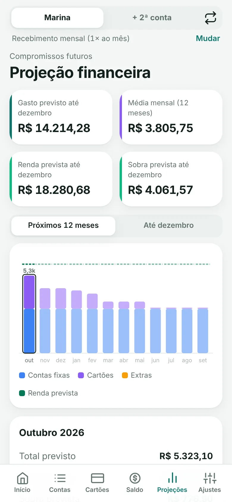 Projeção dos próximos 12 meses com gasto previsto e sobra